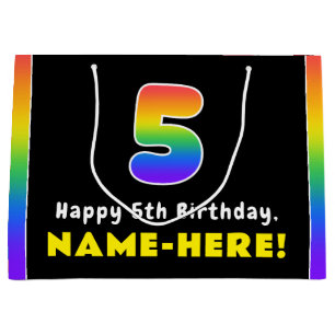 Bolsa De Regalo Grande 5.º cumpleaños: arcoiris colorido # 5, nombre pers