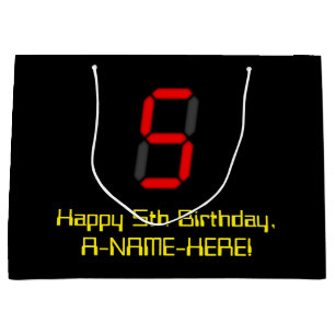 Bolsa De Regalo Grande 5.º cumpleaños: Red Digital Clock Style "5" + Nomb