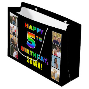 Bolsa De Regalo Grande 5.º cumpleaños: texto arcoiris, fotos y nombre de 