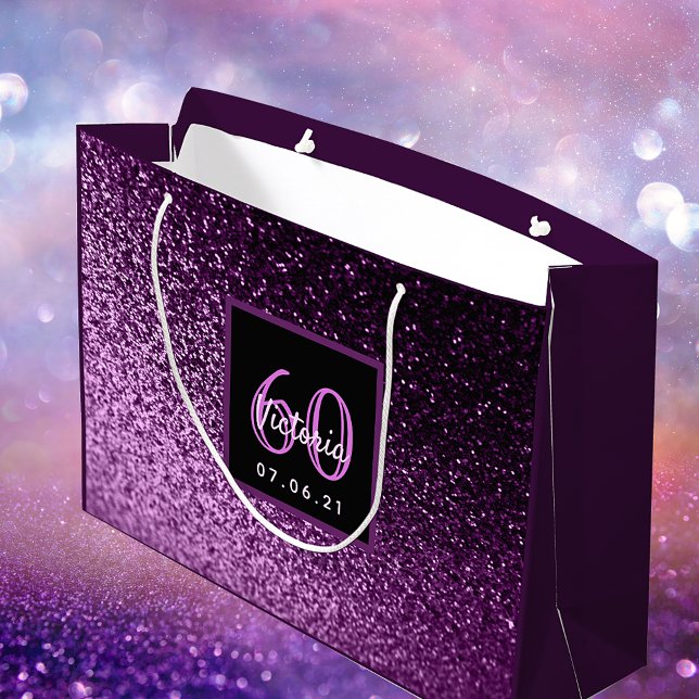 Bolsa De Regalo Grande 60 cumpleaños 60 purpurina rosa morado glam chica (Subido por el creador)
