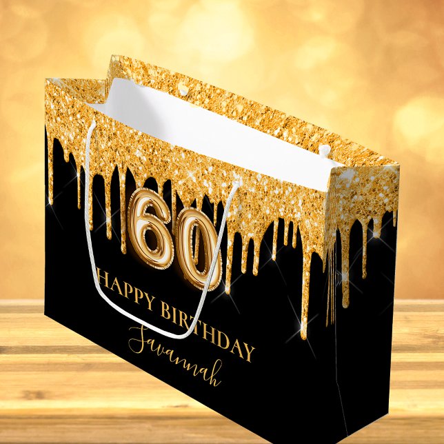 Bolsa De Regalo Grande 60° cumpleaños purpurina de oro negro gotea nombre (Subido por el creador)