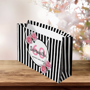 Bolsa De Regalo Grande 60° cumpleaños rayas negras rosas nombre