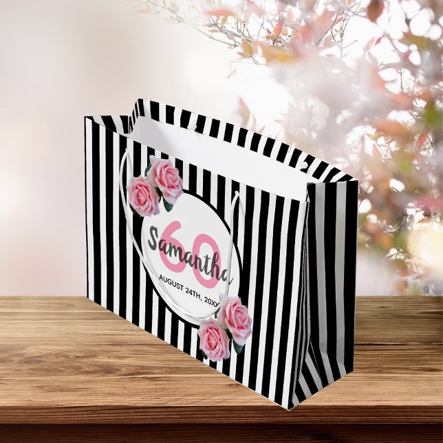 Bolsa De Regalo Grande 60° cumpleaños rayas negras rosas nombre (Subido por el creador)