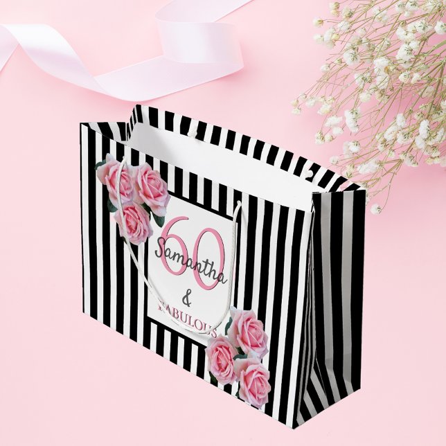 Bolsa De Regalo Grande 60 florales rosados fabulosos rayas blancas negras (Subido por el creador)
