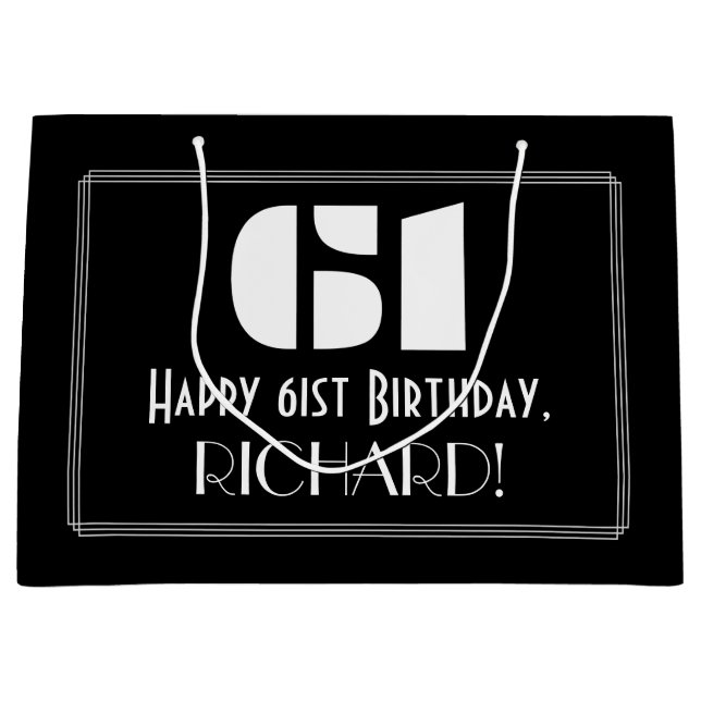 Bolsa De Regalo Grande 61 cumpleaños ~ Art Deco Inspirado Aspecto "61" +  (Anverso)