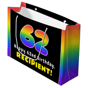 Bolsa De Regalo Grande 62º cumpleaños: arcoiris colorido # 62, nombre per