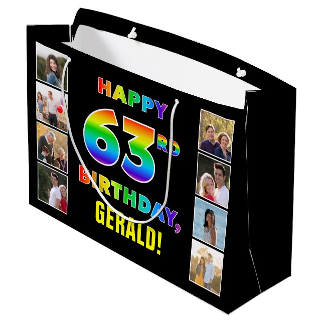 Bolsa De Regalo Grande 63 cumpleaños: texto arcoiris, fotos y nombre de P (Angulo reverso)