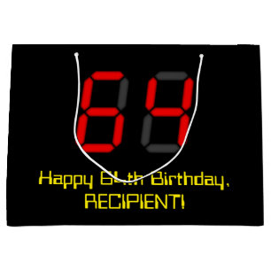 Bolsa De Regalo Grande 64º cumpleaños: Red Digital Clock Style "64" + Nom