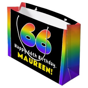 Bolsa De Regalo Grande 66º cumpleaños: arcoiris colorido # 66, nombre per