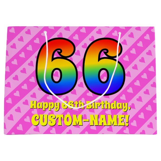 Bolsa De Regalo Grande 66º cumpleaños: Rayas y corazones rosados, arcoiri (Anverso)