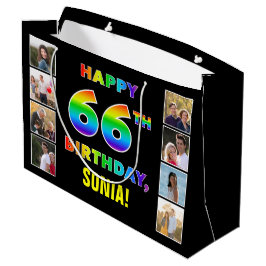 Bolsa De Regalo Grande 66º cumpleaños: texto arcoiris, fotos y nombre de 