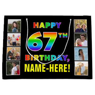 Bolsa De Regalo Grande 67 cumpleaños: texto arcoiris, fotos y nombre de P