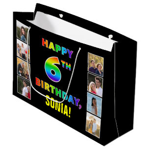 Bolsa De Regalo Grande 6.º cumpleaños: texto arcoiris, fotos y nombre Per