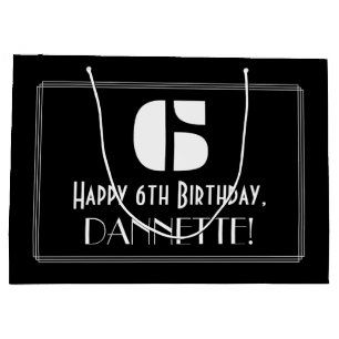 Bolsa De Regalo Grande 6 Cumpleaños ~ Art Decó Inspira Aspecto "6" + Nomb