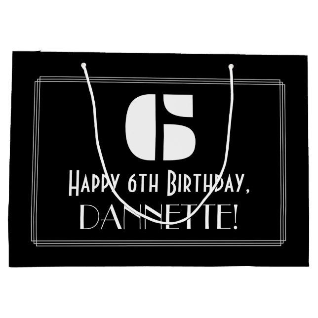 Bolsa De Regalo Grande 6 Cumpleaños ~ Art Decó Inspira Aspecto "6" + Nomb (Reverso)