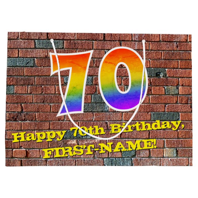 Bolsa De Regalo Grande 70° cumpleaños: Arcoiris divertido, inspirado en g (Reverso)