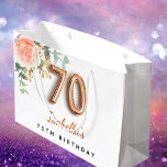 Bolsa De Regalo Grande 70th birthday floral rose gold eucalyptus birthday<br><div class="desc">For an elegant and feminine 70th birthday party. A chic white background. Decorated with a rose gold and blush pink watercolored rose flower, floral, green eucalyptus leaves, sprigs, greenery and faux gold sprigs. Personalize and a name. Black and golden letters. The name is written with a modern hand lettered style...</div>