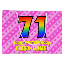 Bolsa De Regalo Grande 71° cumpleaños: Rayas y corazones rosas, arcoiris 