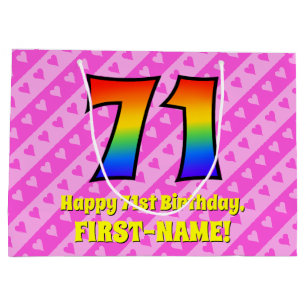 Bolsa De Regalo Grande 71° cumpleaños: Rayas y corazones rosas, arcoiris