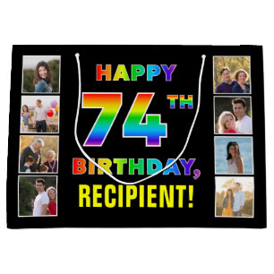 Bolsa De Regalo Grande 74 cumpleaños: texto arcoiris, fotos y nombre de P