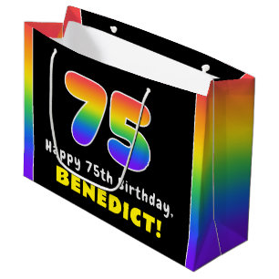Bolsa De Regalo Grande 75º cumpleaños: arcoiris colorido # 75, nombre per
