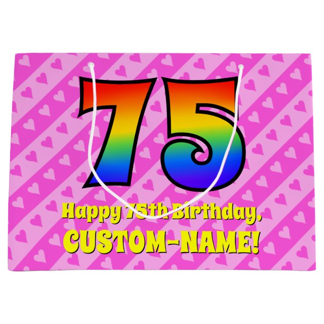 Bolsa De Regalo Grande 75º cumpleaños: Rayas y corazones rosados, arcoiri (Anverso)