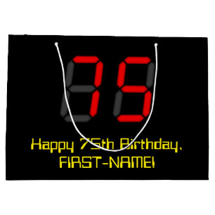 Bolsa De Regalo Grande 75º cumpleaños: Red Digital Clock Style "75" + Nom