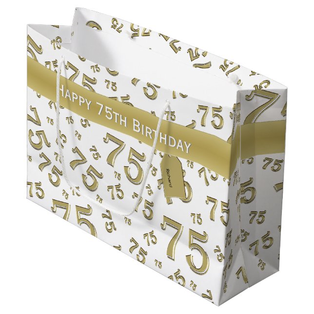 Bolsa De Regalo Grande 75.º Patrón de números dorados/blancos feliz cumpl (Angulo Anverso)