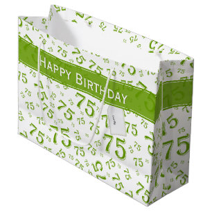 Bolsa De Regalo Grande 75.º Patrón de números verde/blanco feliz cumpleañ