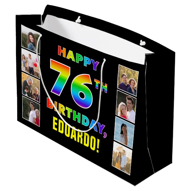 Bolsa De Regalo Grande 76º cumpleaños: texto arcoiris, fotos y nombre de  (Angulo reverso)