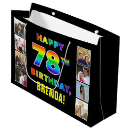 Bolsa De Regalo Grande 78º cumpleaños: texto arcoiris, fotos y nombre de 