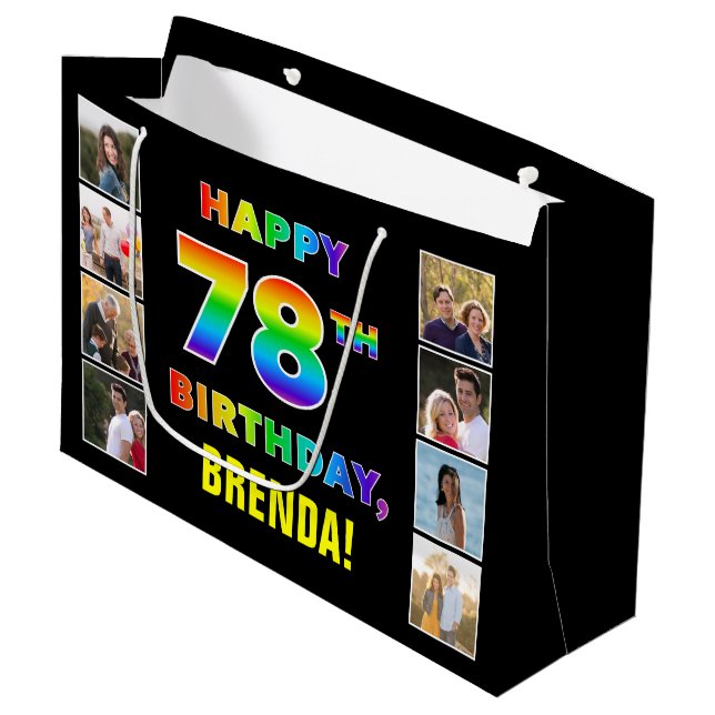 Bolsa De Regalo Grande 78º cumpleaños: texto arcoiris, fotos y nombre de  (Angulo Anverso)