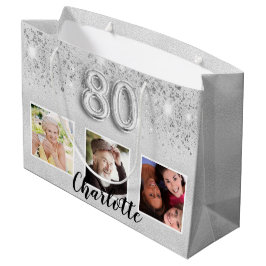 Bolsa De Regalo Grande 80 cumpleaños purpurina de plata monograma de foto
