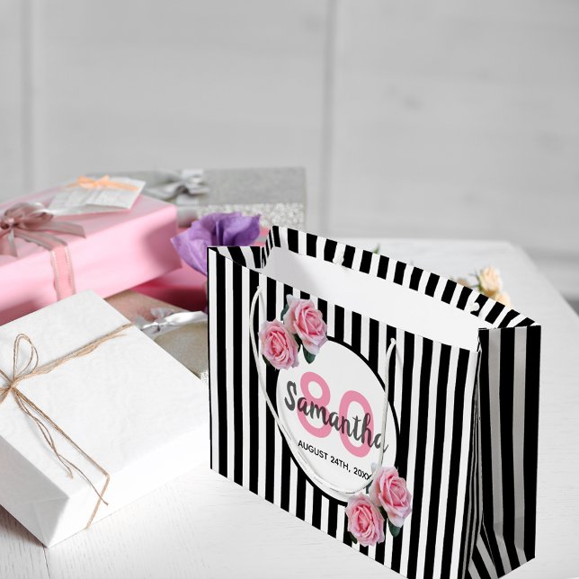 Bolsa De Regalo Grande 80° cumpleaños rayas negras rosas nombre (Subido por el creador)