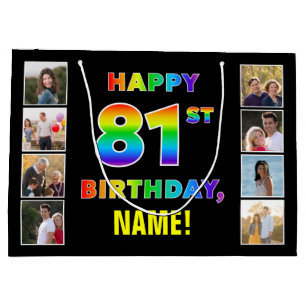 Bolsa De Regalo Grande 81 cumpleaños: texto arcoiris, fotos y nombre de P