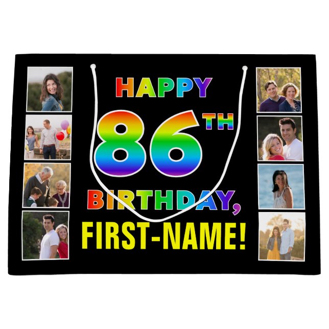 Bolsa De Regalo Grande 86º cumpleaños: texto arcoiris, fotos y nombre de  (Anverso)