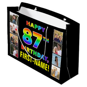 Bolsa De Regalo Grande 87 cumpleaños: texto arcoiris, fotos y nombre de P