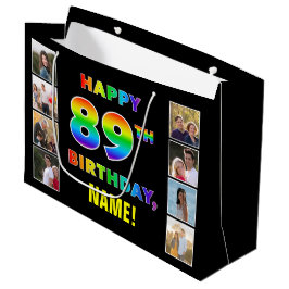 Bolsa De Regalo Grande 89º cumpleaños: texto arcoiris, fotos y nombre de 