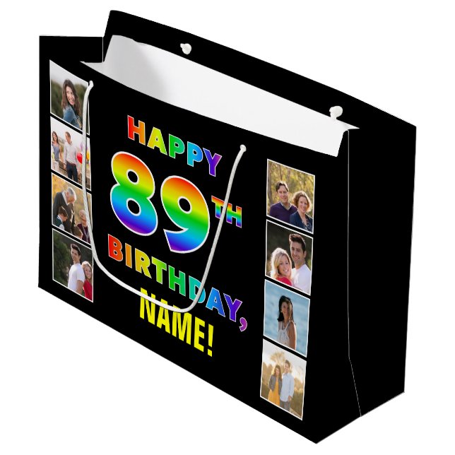 Bolsa De Regalo Grande 89º cumpleaños: texto arcoiris, fotos y nombre de  (Angulo Anverso)