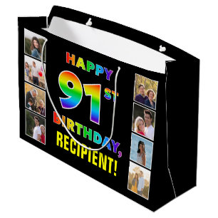 Bolsa De Regalo Grande 91 cumpleaños: texto arcoiris, fotos y nombre de P