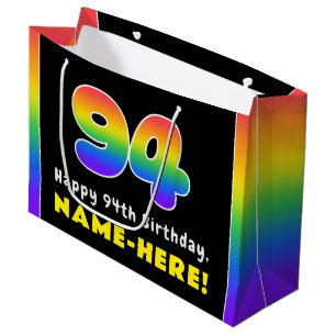 Bolsa De Regalo Grande 94º cumpleaños: arcoiris colorido # 94, nombre per