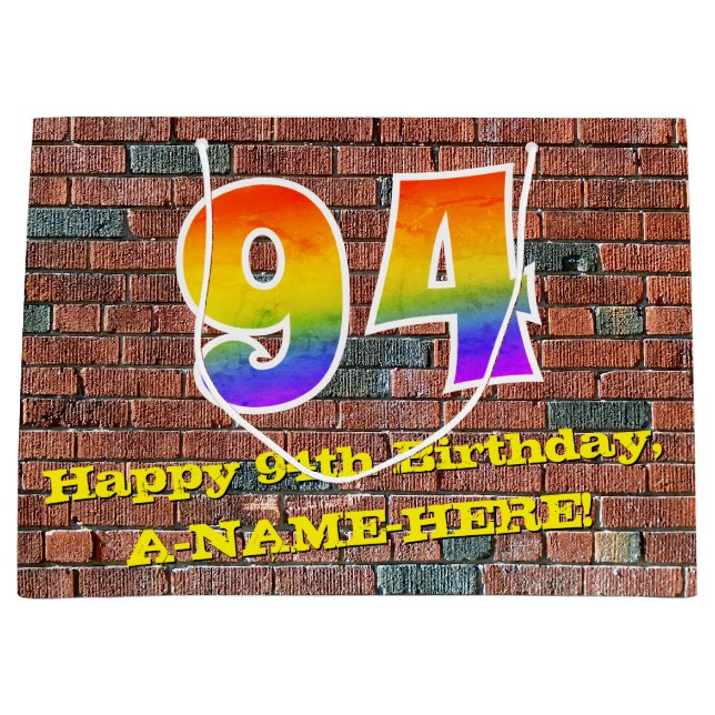 Bolsa De Regalo Grande 94° cumpleaños: Arcoiris divertido, inspirado en g (Anverso)