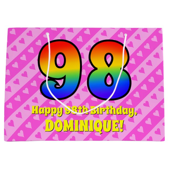 Bolsa De Regalo Grande 98º cumpleaños: Rayas y corazones rosados, arcoiri (Anverso)