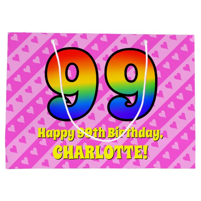 Bolsa De Regalo Grande 99º cumpleaños: Rayas y corazones rosados, arcoiri (Reverso)