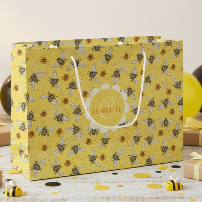 Bolsa De Regalo Grande Abeja Amarilla y Flores de Moda (Yellow Floral Bee Gift Bags for Nature Lover. Botanical Vintage Honeybee & Flowers Pattern For Her )