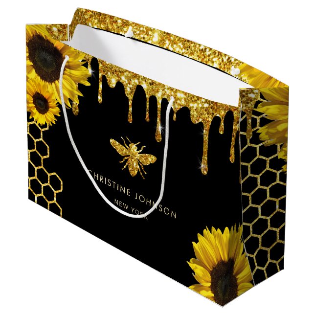Bolsa De Regalo Grande abeja brillo falso y girasoles (Angulo reverso)