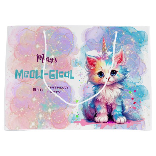 Bolsa De Regalo Grande Acuarela Caticorn Meow-Gical Cumpleaños (Anverso)
