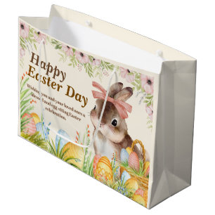Bolsa De Regalo Grande Acuarela Conejo Floral con Lazo Día Feliz de Pascu