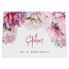 Bolsa De Regalo Grande acuarela de fiesta de cumpleaños de las peonías ro