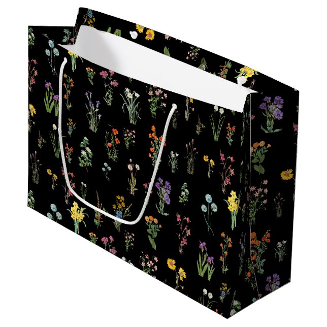 Bolsa De Regalo Grande Acuarela de Flor silvestre Flora Botánica Negra (Angulo Anverso)